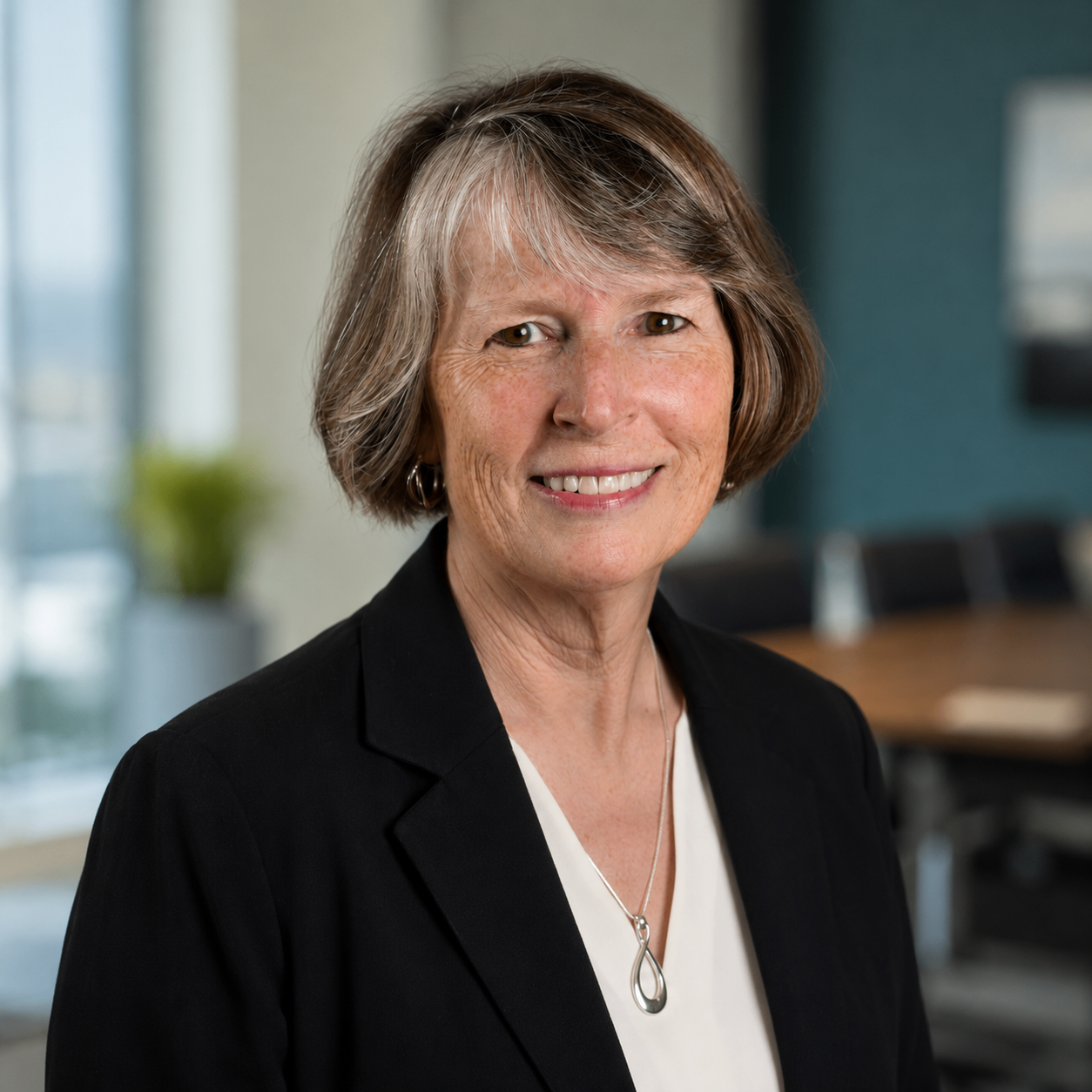 Polished professional branded headshot with office background after styling